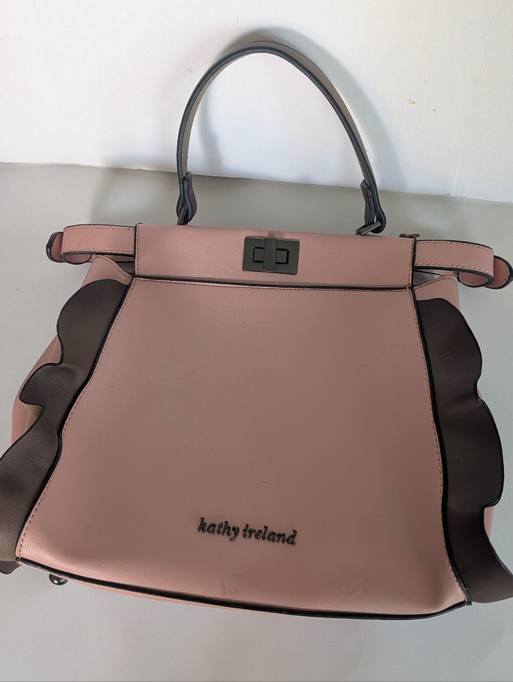 kathy ireland Dusty Pink Satchel with Brown Trim Ruffles 2 Deep Pockets Clean